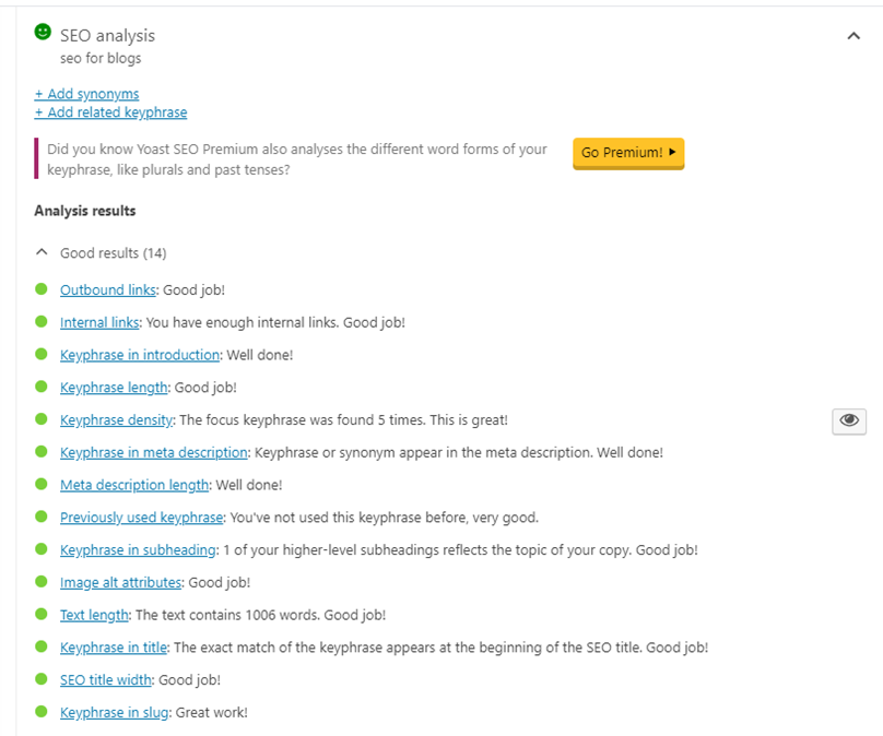 screenshot of yoast settings for seo for blogs post